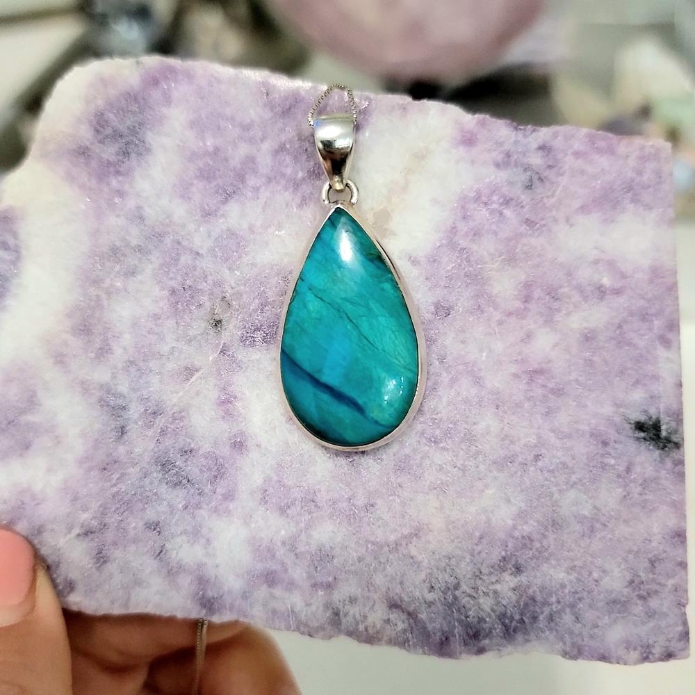 STERLING SILVER 925 Blue Opal (Chile) Natural Gemstone Pendant